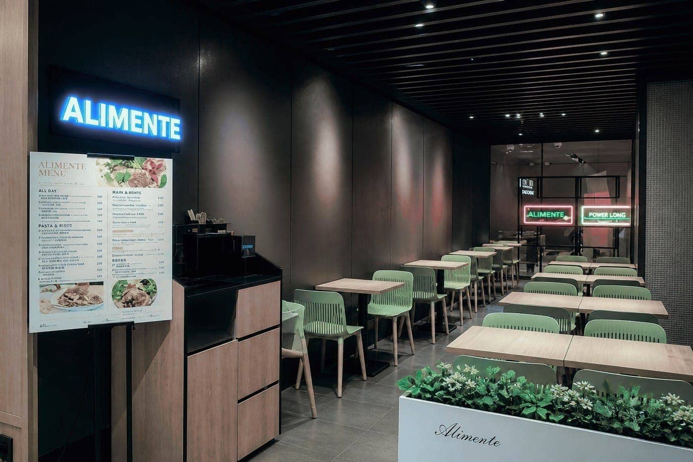 Alimente 圓方店霓虹招牌與前廳座位區